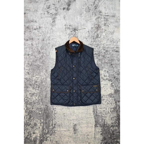 Vintage Polo Ralph Lauren Blue Quilted Corduroy Collar Full Zip Vest Jacket L - Picture 1 of 7